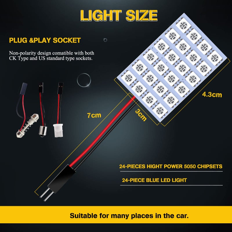 YM EBright YM E-Bright 5-Pack Blue 5050 24SMD Led Panel Dome Light Lamp Auto Car Reading Interior Lamp DC 12V With T10 / BA9S / Festoon Adapters - Image 5